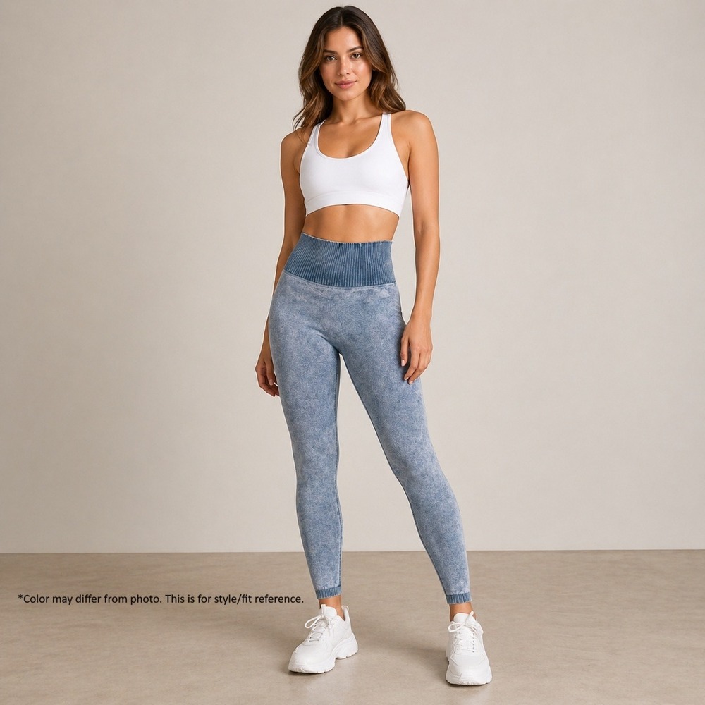 POPFLEX Womens High Waisted Seamless Acid Wash Ribbed Leggings Blue XS